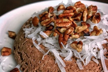 High Protein German Chocolate Mug Cake with coconut and nuts