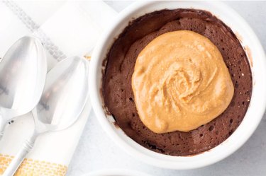 overhead photo of Chocolate Peanut Butter Protein Mug Cake