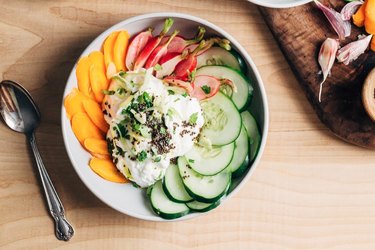 Savory Yogurt Bowl with Sliced Veggies and Fried Mustard Seeds