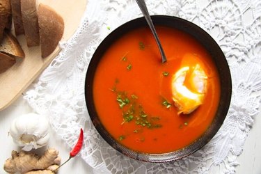 Spicy Tomato Ginger Soup with Poached Eggs