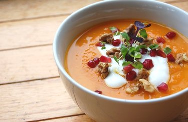 Carrot Ginger Soup with Mascarpone Cheese and Pomegranates