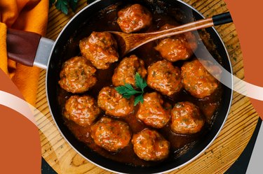 Meatballs and Gravy in a frying pan with a wooden spoon