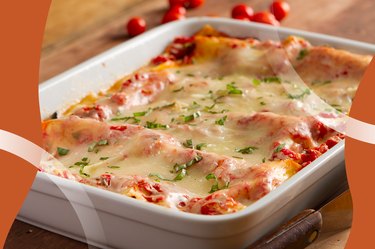 Baked lasagna in a white baking dish