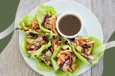 Kimchi and Grilled Chicken Lettuce Cups on a white plate