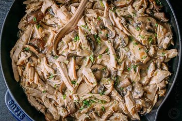 Leftover Turkey in Creamy Mushroom Sauce in large sauce pan