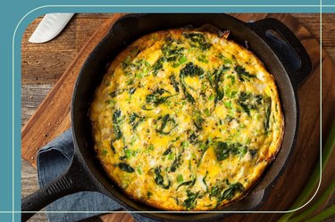 Healthy breakfast frittata with leafy greens in a cast iron skillet on a countertop