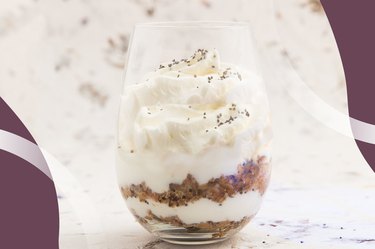 Chia Crunch Parfait in a clear glass with marble background