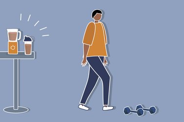 Custom graphic showing person next to weights walking away from protein shake
