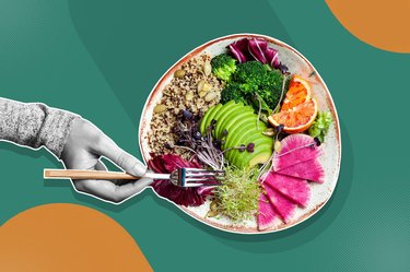 Custom mixed media image showing hand with bowl of colorful salad