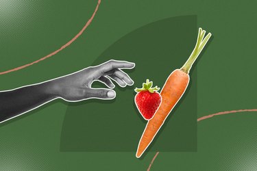mixed media graphic showing hand reaching for a strawberry and carrot