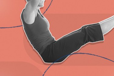 woman doing boat pose for an ab workout every day on peach background