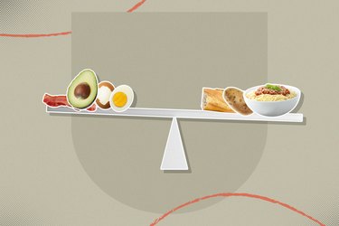 混合地中海ia graphic of scale showing high-fat high-protein foods for keto diet balancing high-carb foods on gray background