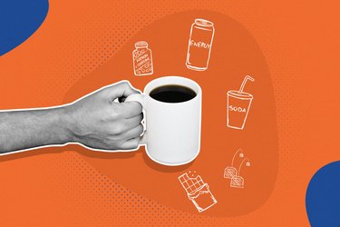hand holding white mug of coffee with illustrations of caffeine from coffee, tea, energy drinks and other sources