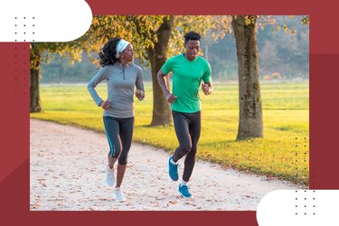 two runners training for their fastest 5K in a park