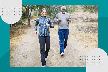 older adult couple running their first 5K on a hiking trail