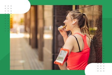 rear view of runner wearing red tank top and eating a healthy carb snack