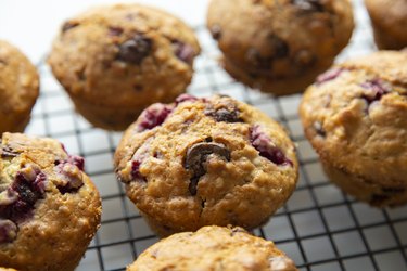 Raspberry muffins made with oat bran as a wheat germ substitute
