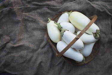 Small white eggplant in a  basket on dark gray background