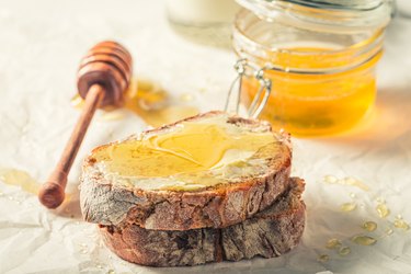 Delicious honey sandwich with milk for breakfast