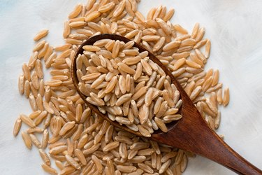 Uncooked Kamut Grain on a Wood Spoon