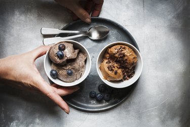 Bowls of vegan blueberry banana and chocolate banana ice cream