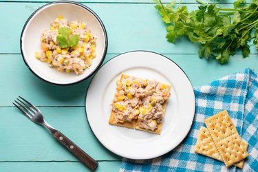 Yeast-free sugar-free tuna salad with mayonnaise on crackers on turquoise background