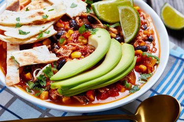 Chicken Taco Soup with black beans and avocado, as an example of food on an obesity diet meal plan