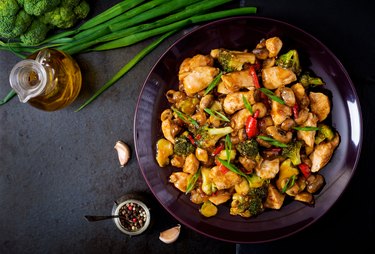 Stir fry marinated chicken, mushrooms, broccoli and peppers