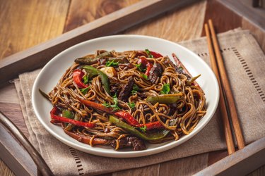 Soba noodles with vegetables and beef, asian style cuisine.