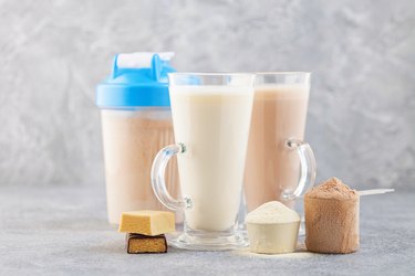 Protein shake bottle, powder and bars