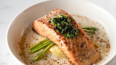 Baked Salmon with Mashed Potato and Asparagus, Creamy Sauce