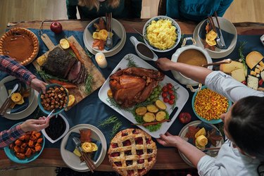 Stuffed Turkey for Thanksgiving Holidays with Pumpkin, Peas, Pecan, Berry Pie, Cheese Variations