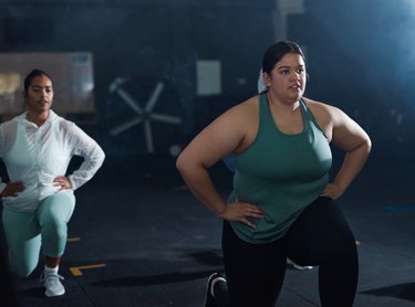 Shot of young women doing lunges during a workout at the gym