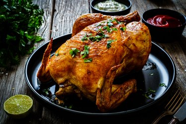 Deep-fried chicken on wooden table