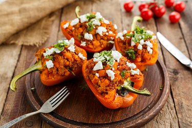 Homemade stuffed peppers with beef and feta cheese