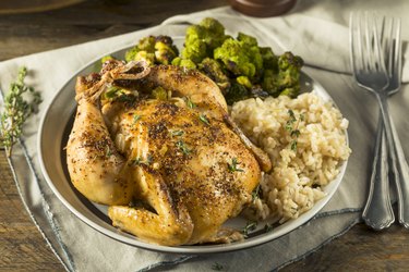Herby Baked Cornish Hen on a Platter With Rice and Broccoli