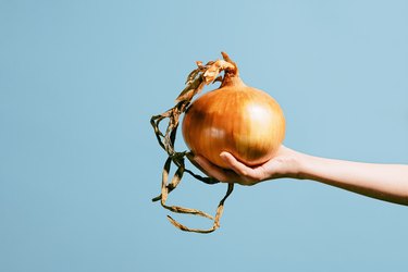 Close-up of a person holding a large onion, a common body odor smell
