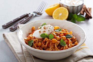 Chickpea pasta with tomato sauce and chickpeas in bowl