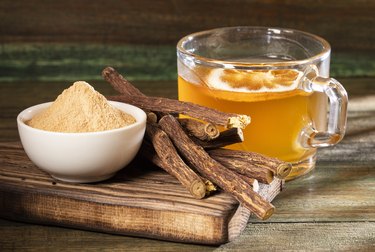 Licorice cup of tea, powder and roots - Glycyrrhiza glabra