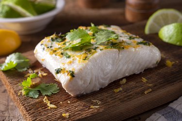a fillet of halibut on a cedar plank, as an example of a high-protein low-calorie food