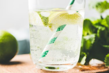 Closeup view of sparkling lemonade or lemon soda