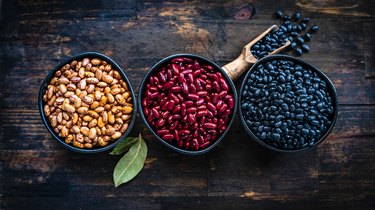 Pinto beans, kidney beans and black beans shot from above