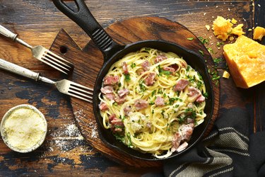 Traditional italian dish spaghetti carbonara with bacon in a cream sauce