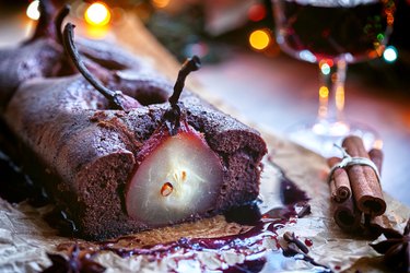 Pear chocolate cake with mulled wine glaze