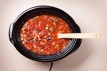 Overhead of Vegetarian Chili In a Slow Cooker