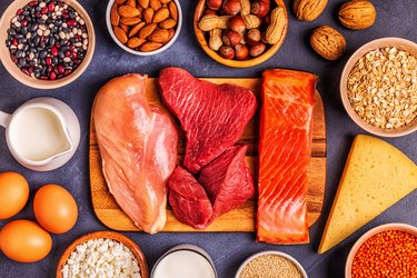 Sources of protein including meat, chicken, eggs, fish and beans,