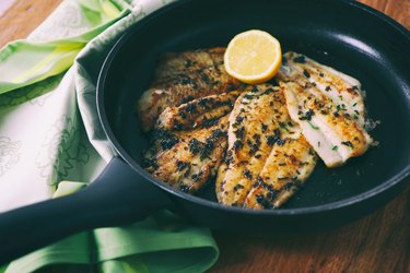 Flounder fillet roasted in a skillet