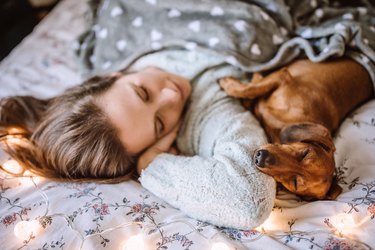 a person with long brown hair wearing a white sweater and napping with a dachshund dog, as a way to cope with the holiday blues