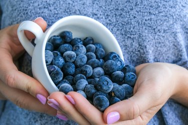 close view of a person with pink fingernails holding a white bowl of blueberries