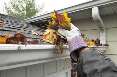 hand in work glove grabbing leaves from gutters
